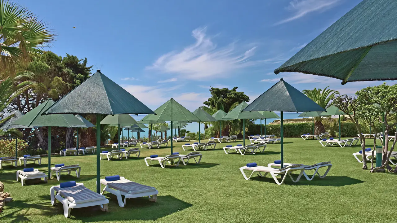 Leżaki i parasole na trawniku w Pestana Viking