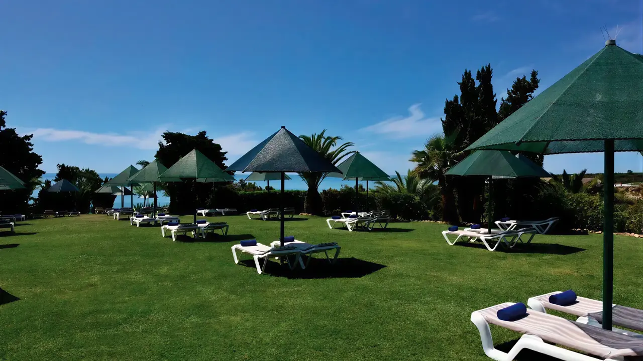 Leżaki i parasole na trawniku w Pestana Viking