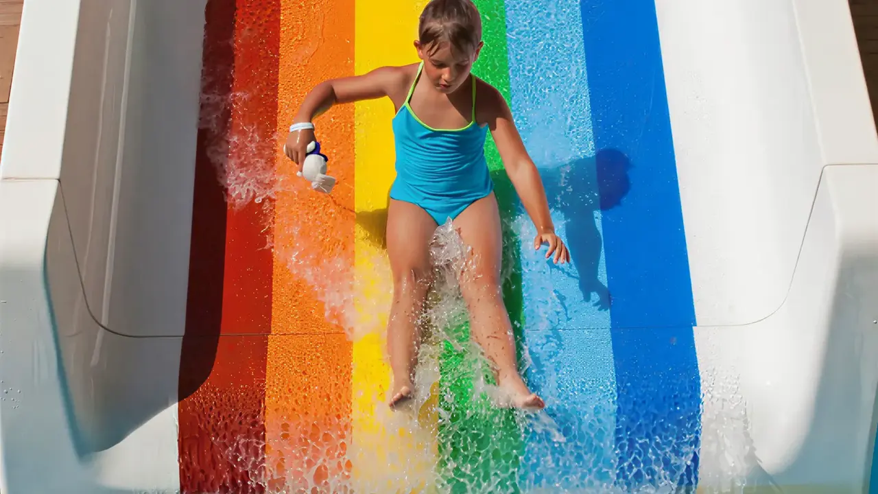 Dziecko zjeżdża na tęczowej zjeżdżalni w Ramira Beach