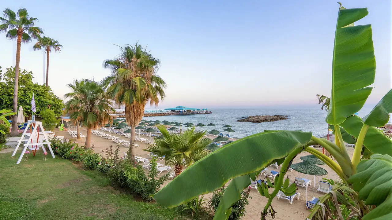 Plaża z leżakami i parasolami w Ramira Beach