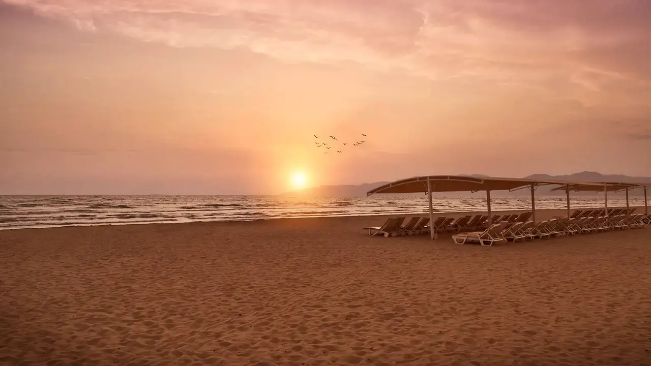 Plaża z leżakami przy Richmond Ephesus Resort o zachodzie słońca