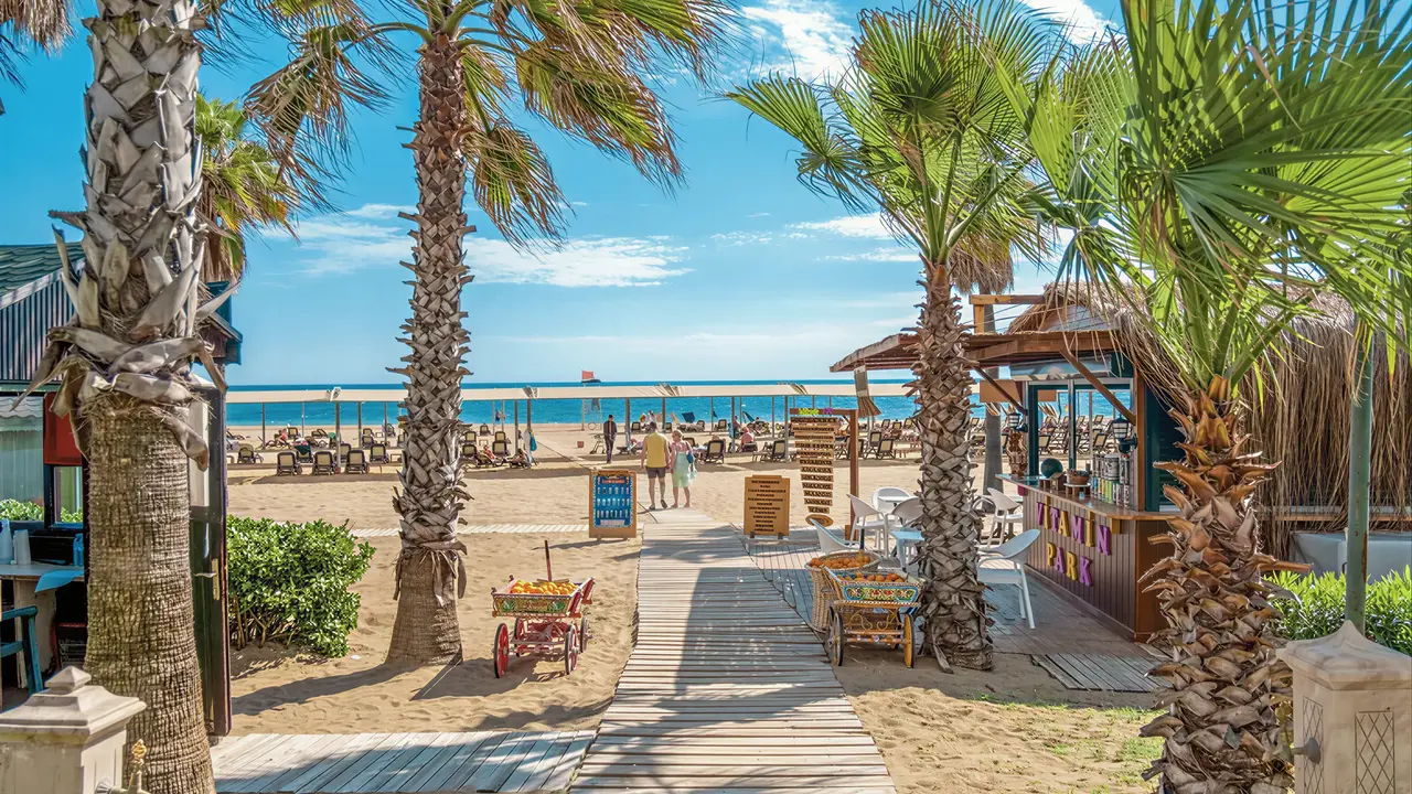 Drewniana ścieżka prowadząca na plażę w Royal Atlantis Beach