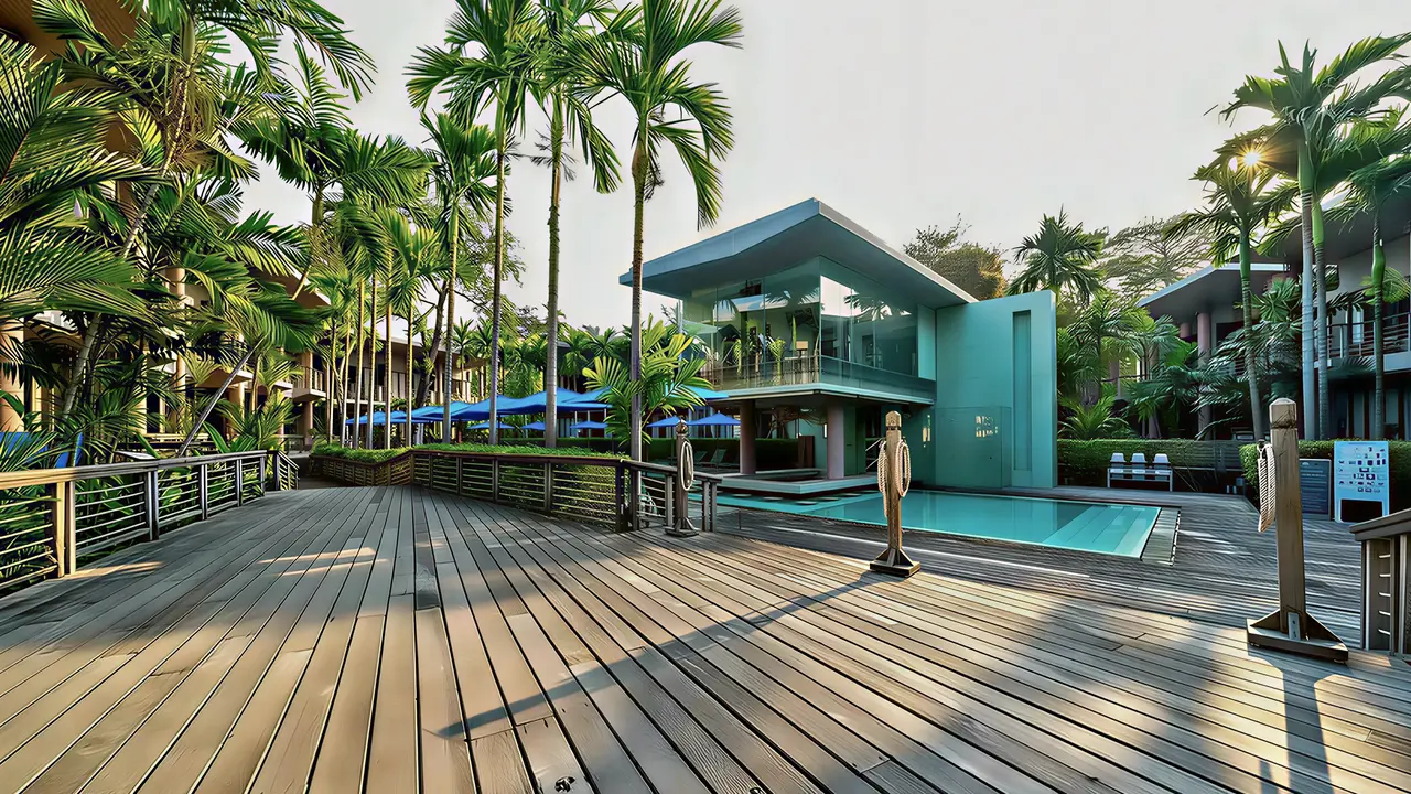 Nowoczesna architektura i drewniany taras w Sai Kaew
