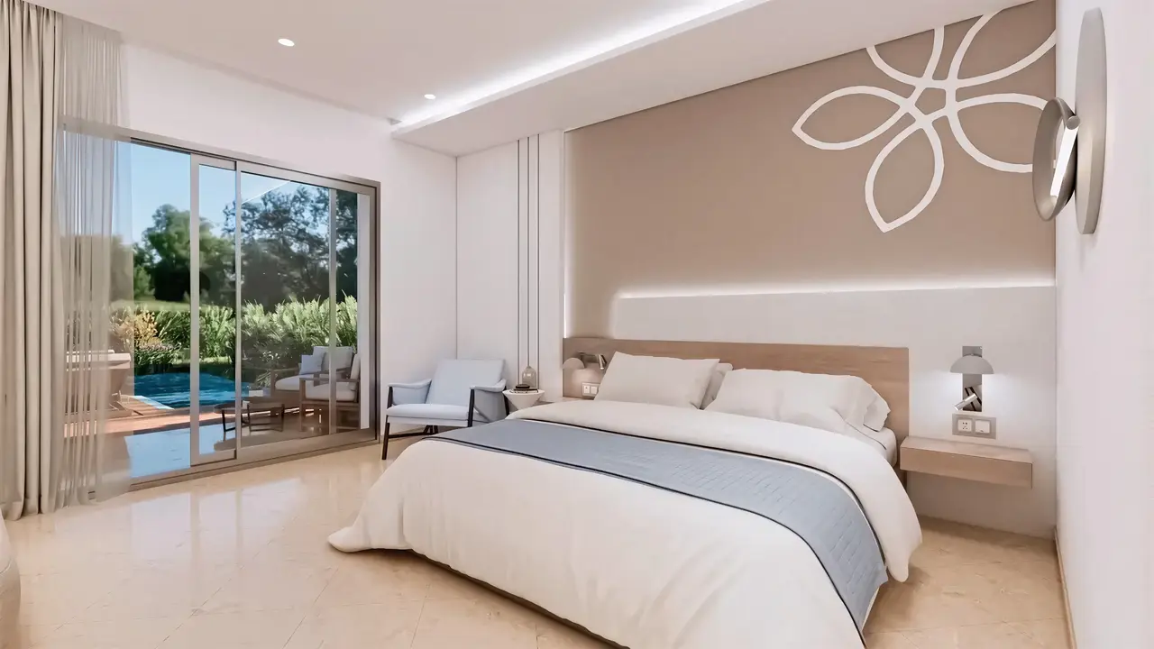 Nowoczesna sypialnia w Sentido Marillia Resort & Spa z widokiem na basen