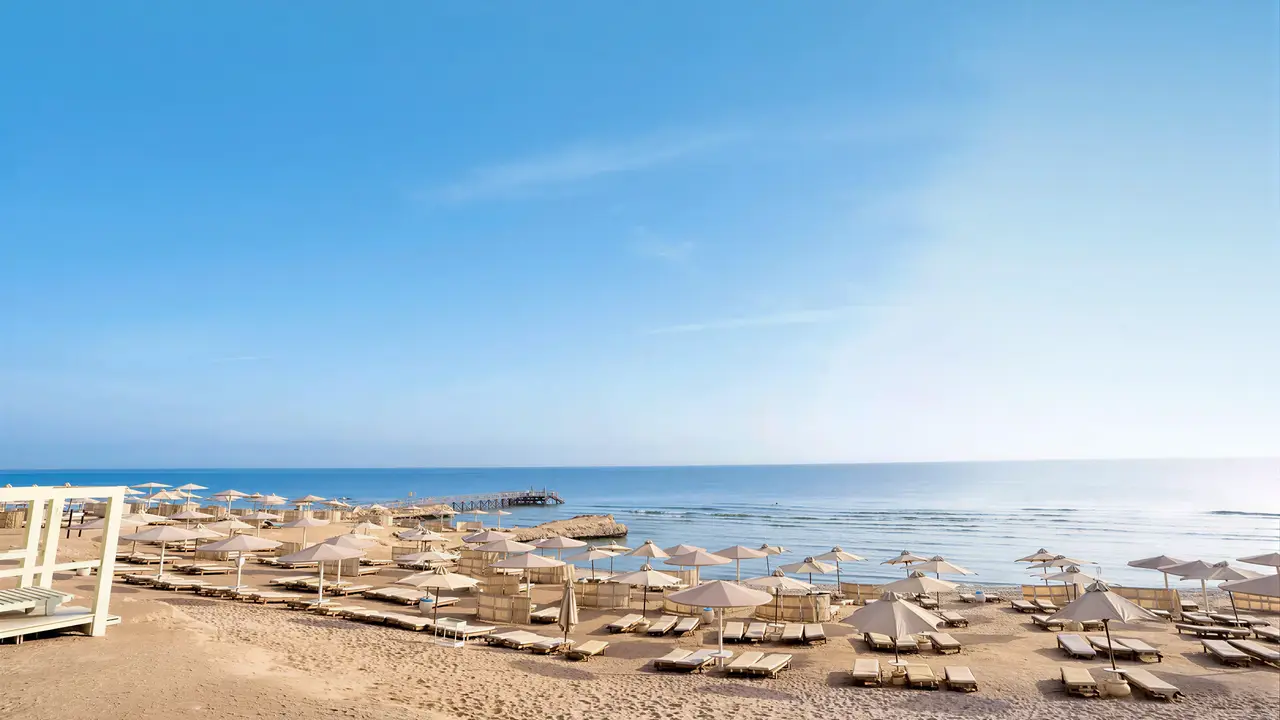 Plaża z leżakami i parasolami w Serenity Alpha Beach