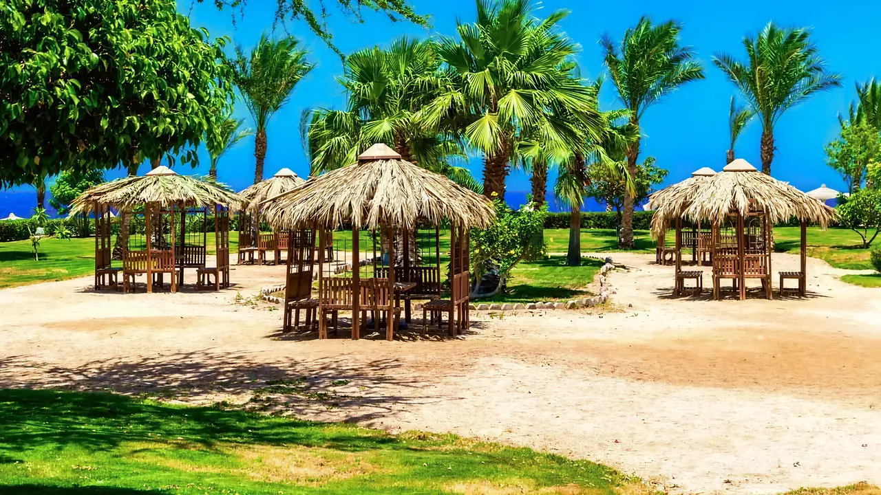 Słomiane altany na piasku w Serenity Alpha Beach