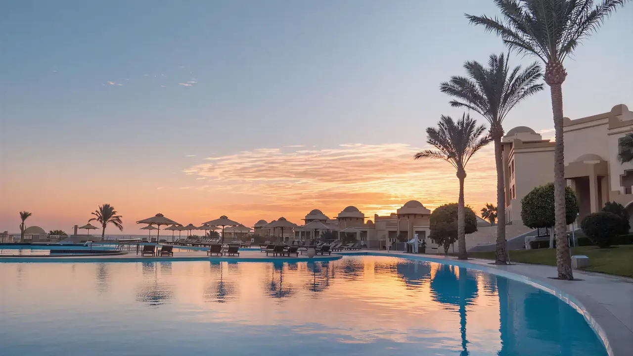 Basen w hotelu Serenity Alpha Beach o zachodzie słońca