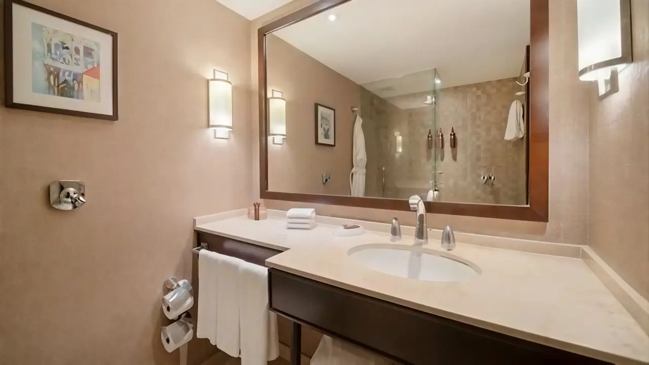 Łazienka w Sheraton Grand Rio z umywalką i lustrem