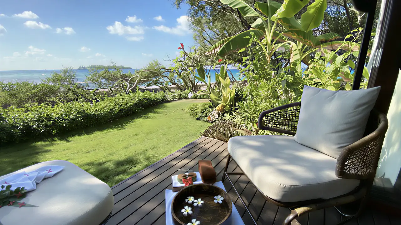 Prywatny taras z widokiem w Sheraton Maldives Full Moon Resort & Spa
