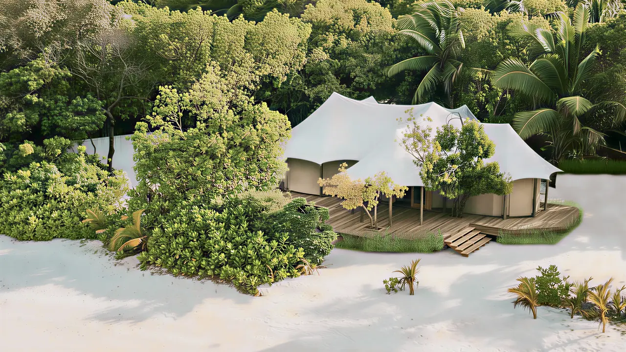 Namiotowy dom na białym piasku w Sirru Fen Fushi Private Lagoon Resort