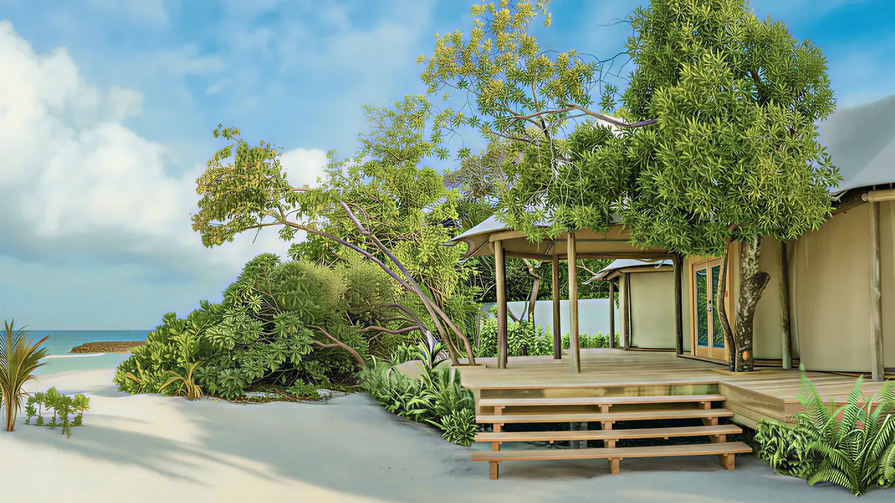 Biała plaża przy budynku Sirru Fen Fushi Private Lagoon Resort