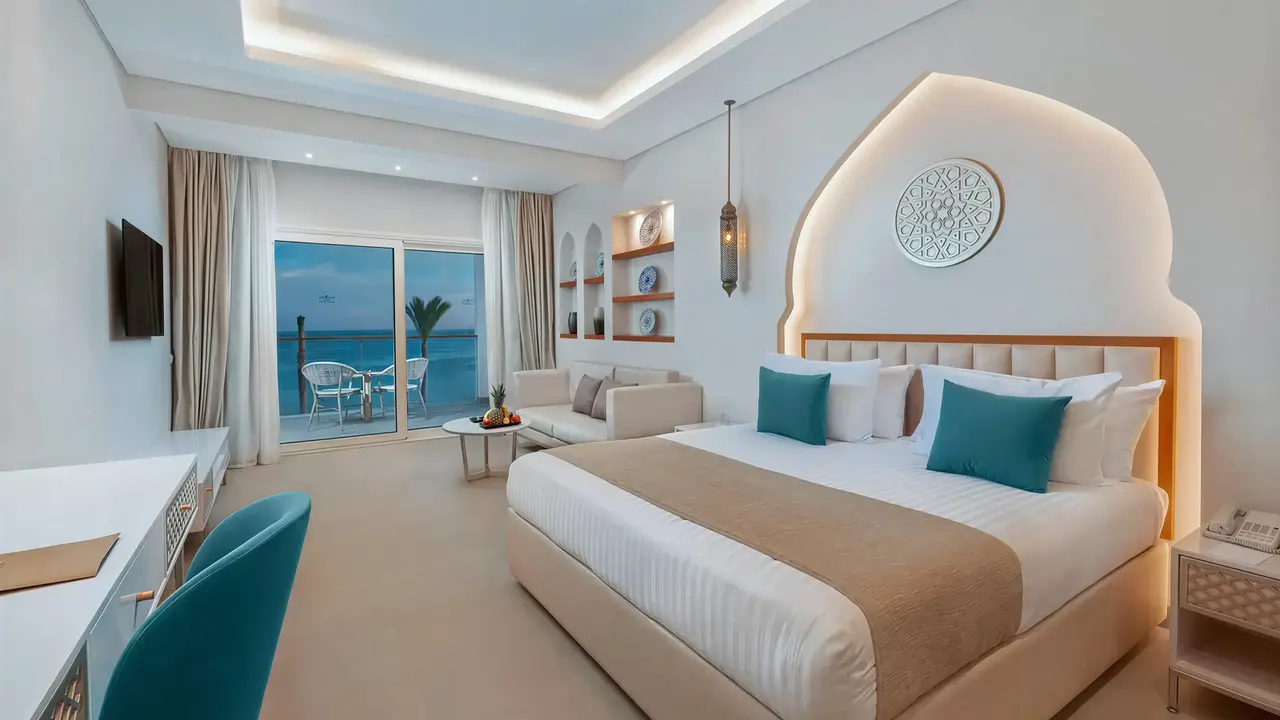 Nowoczesna sypialnia w Sunrise Remal Beach z widokiem na morze