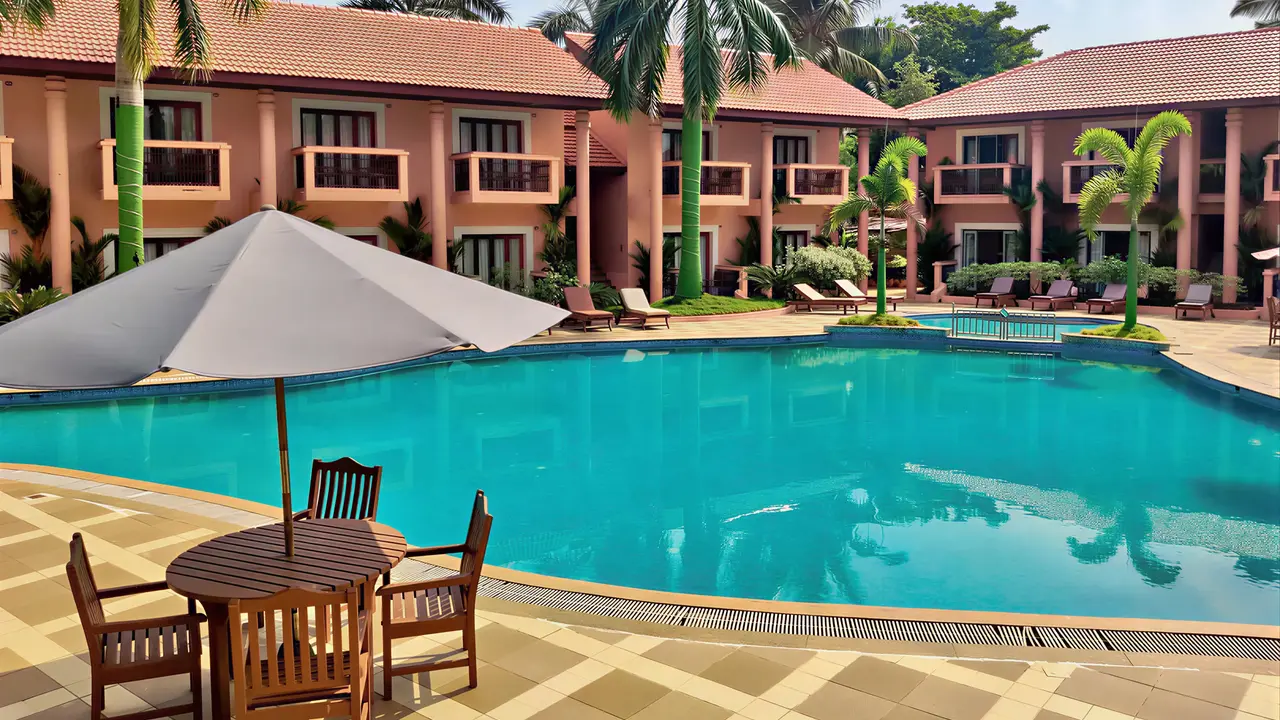 Basen i leżaki w hotelu The Golden Crown Colva