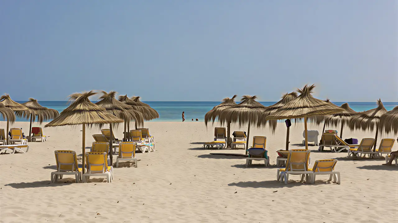 Leżaki i parasole na plaży w TMK Marine Beach