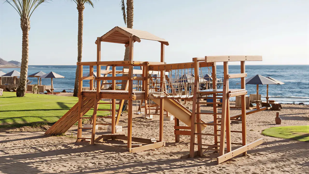 Drewniany plac zabaw w Tropitel Dahab Oasis na plaży