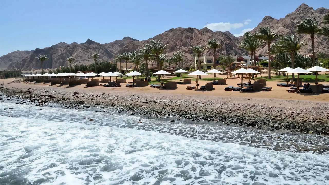 Plaża z parasolami i leżakami w Tropitel Dahab Oasis