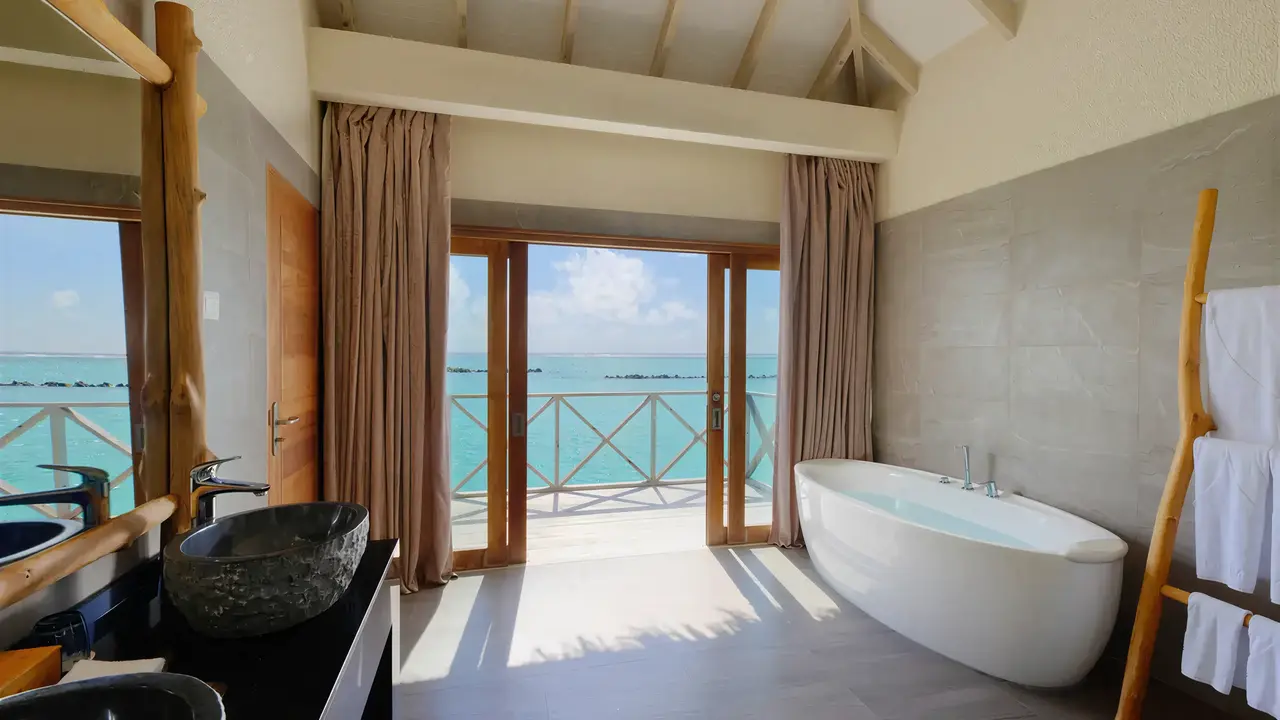 Nowoczesna łazienka w You & Me by Cocoon Maldives z widokiem na morze