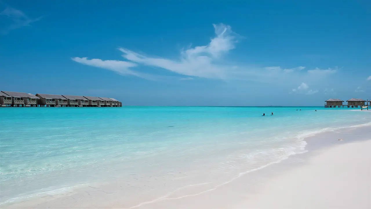 Biała plaża i turkusowa woda w You & Me by Cocoon Maldives